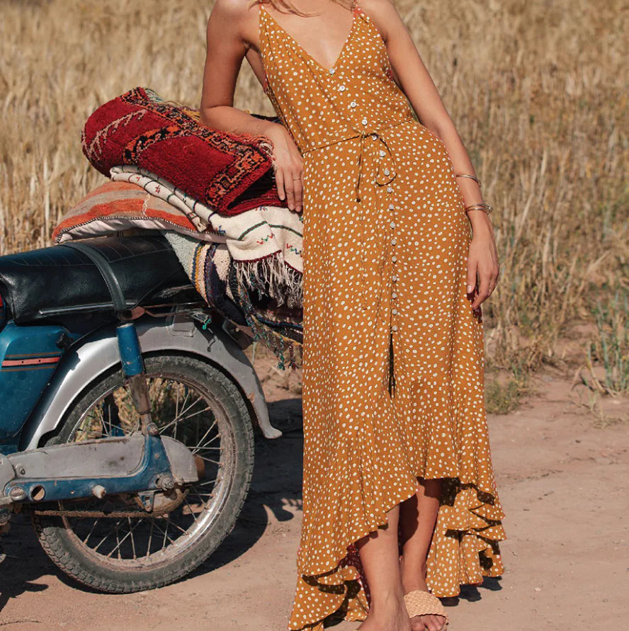 Polka Dot Ruffled Bohemian Vacation Beach Dress