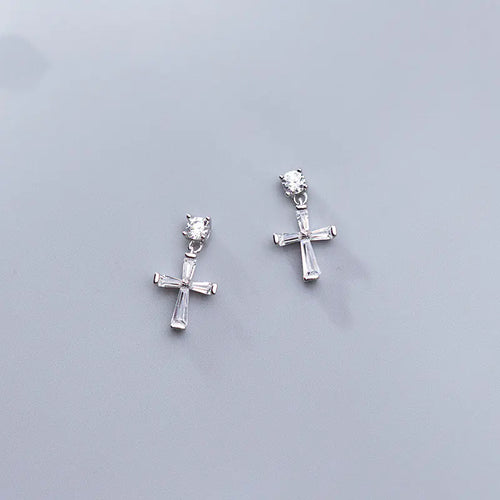 S925 Silver Cross Stud Earrings with Diamonds for Women
