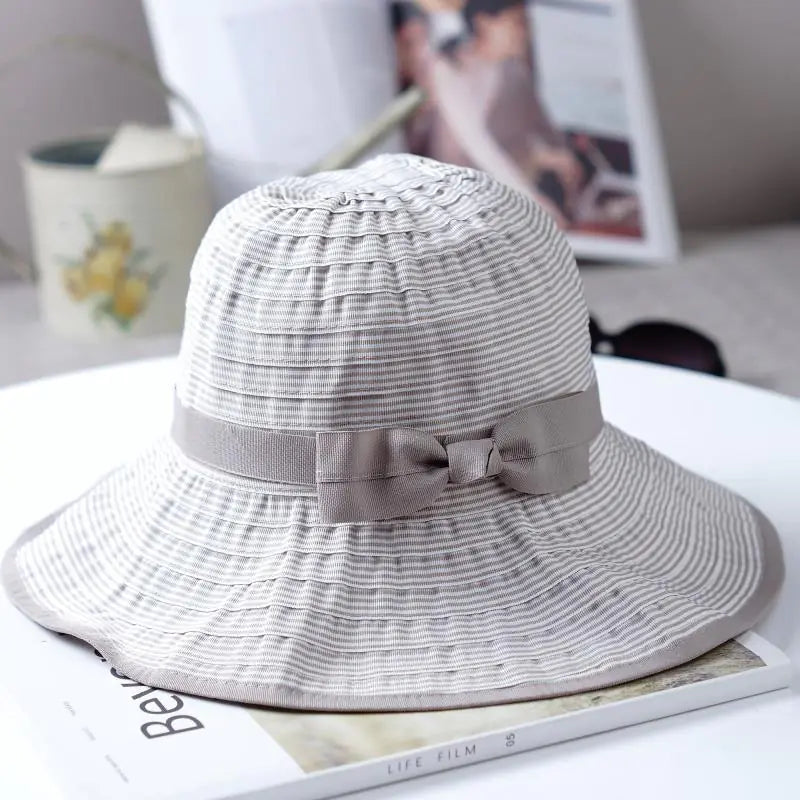 Foldable Striped Bow Wide Brim Sun Hat for Women