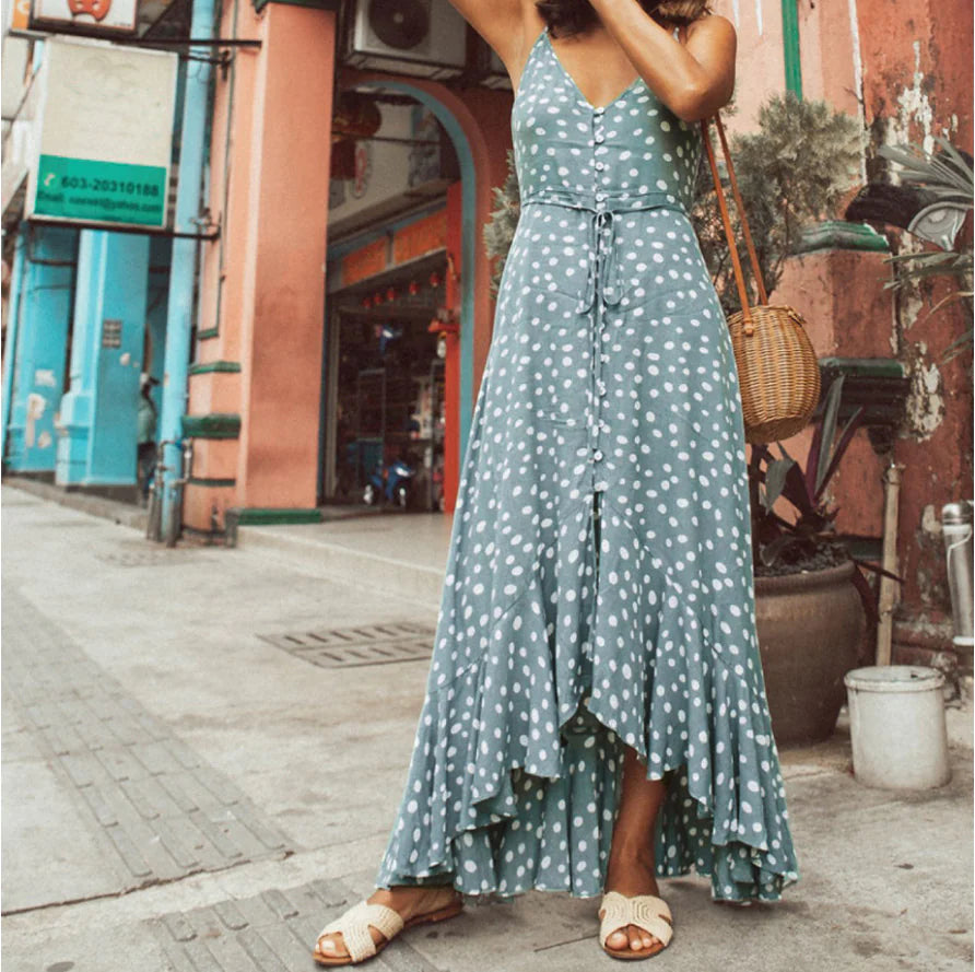 Polka Dot Ruffled Bohemian Vacation Beach Dress