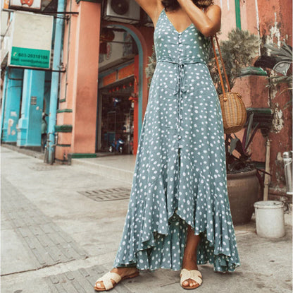 Polka Dot Ruffled Bohemian Vacation Beach Dress