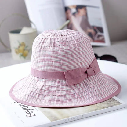 Foldable Striped Bow Wide Brim Sun Hat for Women