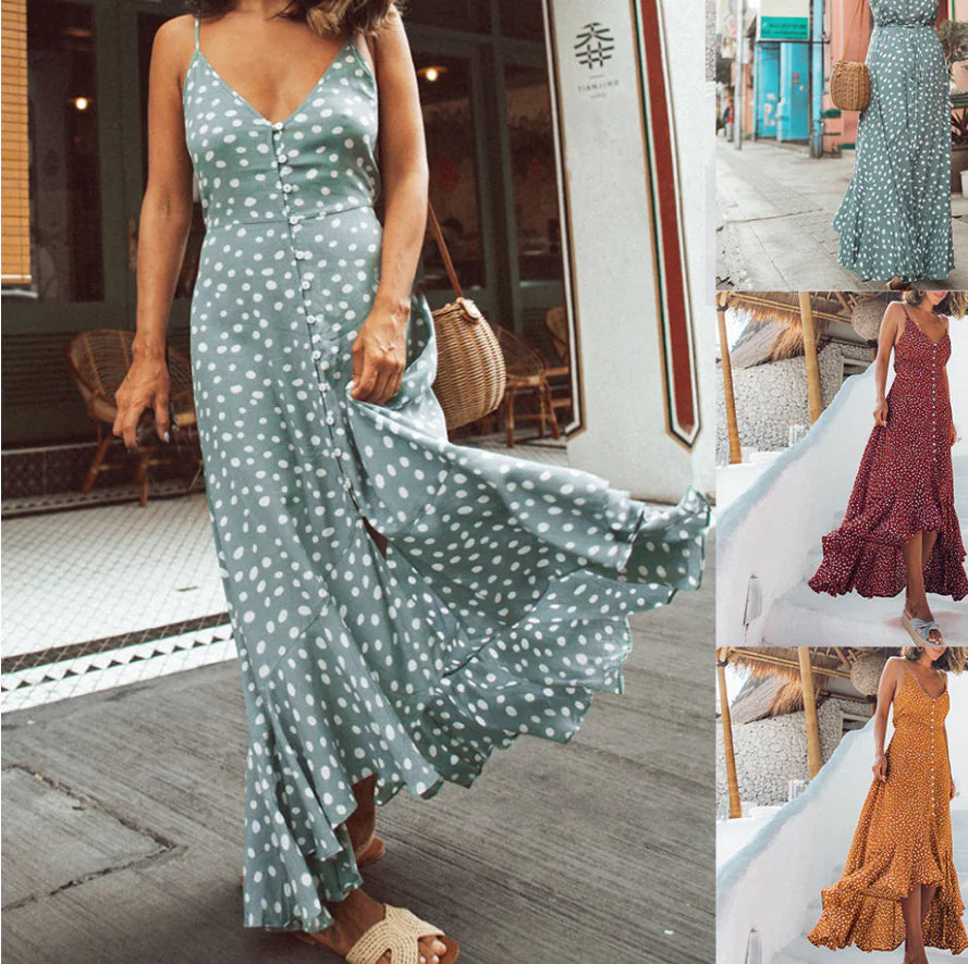 Polka Dot Ruffled Bohemian Vacation Beach Dress