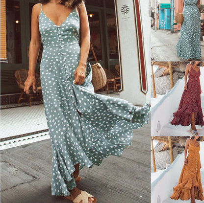 Polka Dot Ruffled Bohemian Vacation Beach Dress