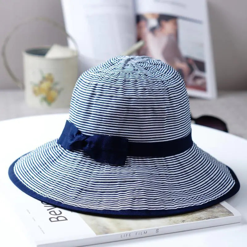 Foldable Striped Bow Wide Brim Sun Hat for Women