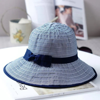 Foldable Striped Bow Wide Brim Sun Hat for Women