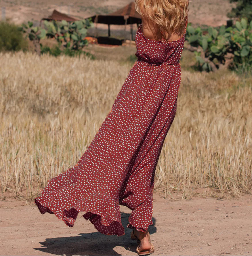 Polka Dot Ruffled Bohemian Vacation Beach Dress