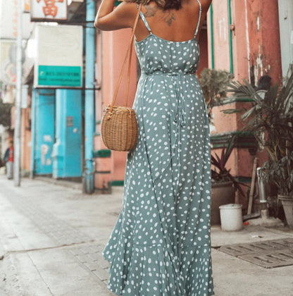 Polka Dot Ruffled Bohemian Vacation Beach Dress