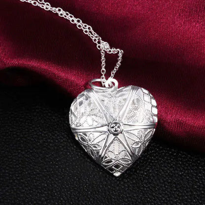 Heart-Shaped Necklace with Hollow Photo Locket Design