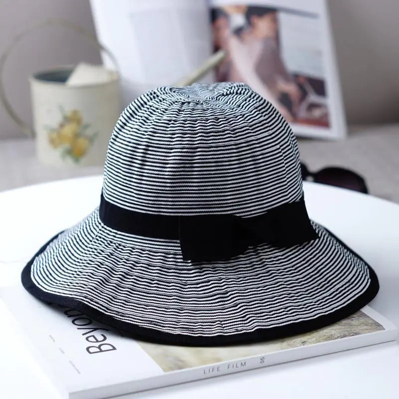 Foldable Striped Bow Wide Brim Sun Hat for Women