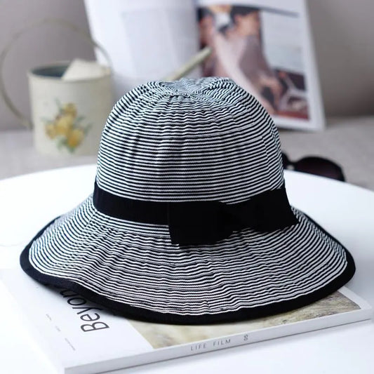 Foldable Striped Bow Wide Brim Sun Hat for Women