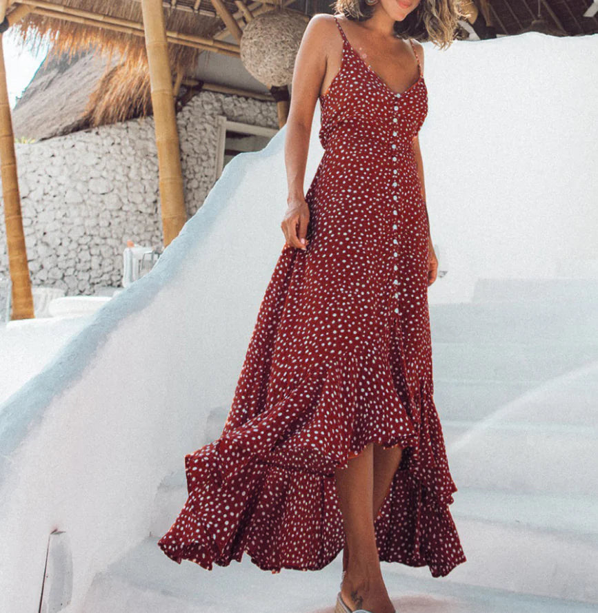Polka Dot Ruffled Bohemian Vacation Beach Dress