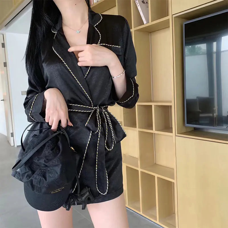 V-Neck Long Sleeve Dress with Belt and Lace Pockets