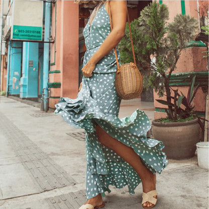 Polka Dot Ruffled Bohemian Vacation Beach Dress
