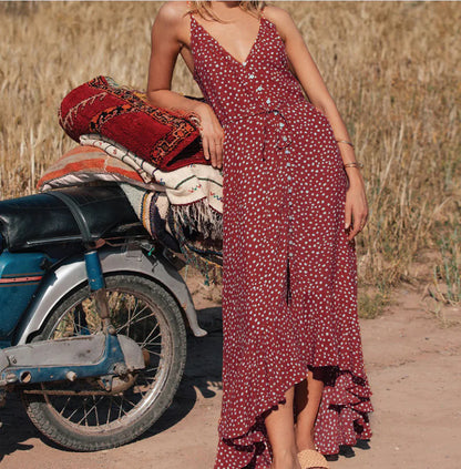 Polka Dot Ruffled Bohemian Vacation Beach Dress